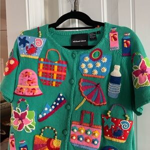 Michael Simon Green Cardigan with Colorful Embroidery